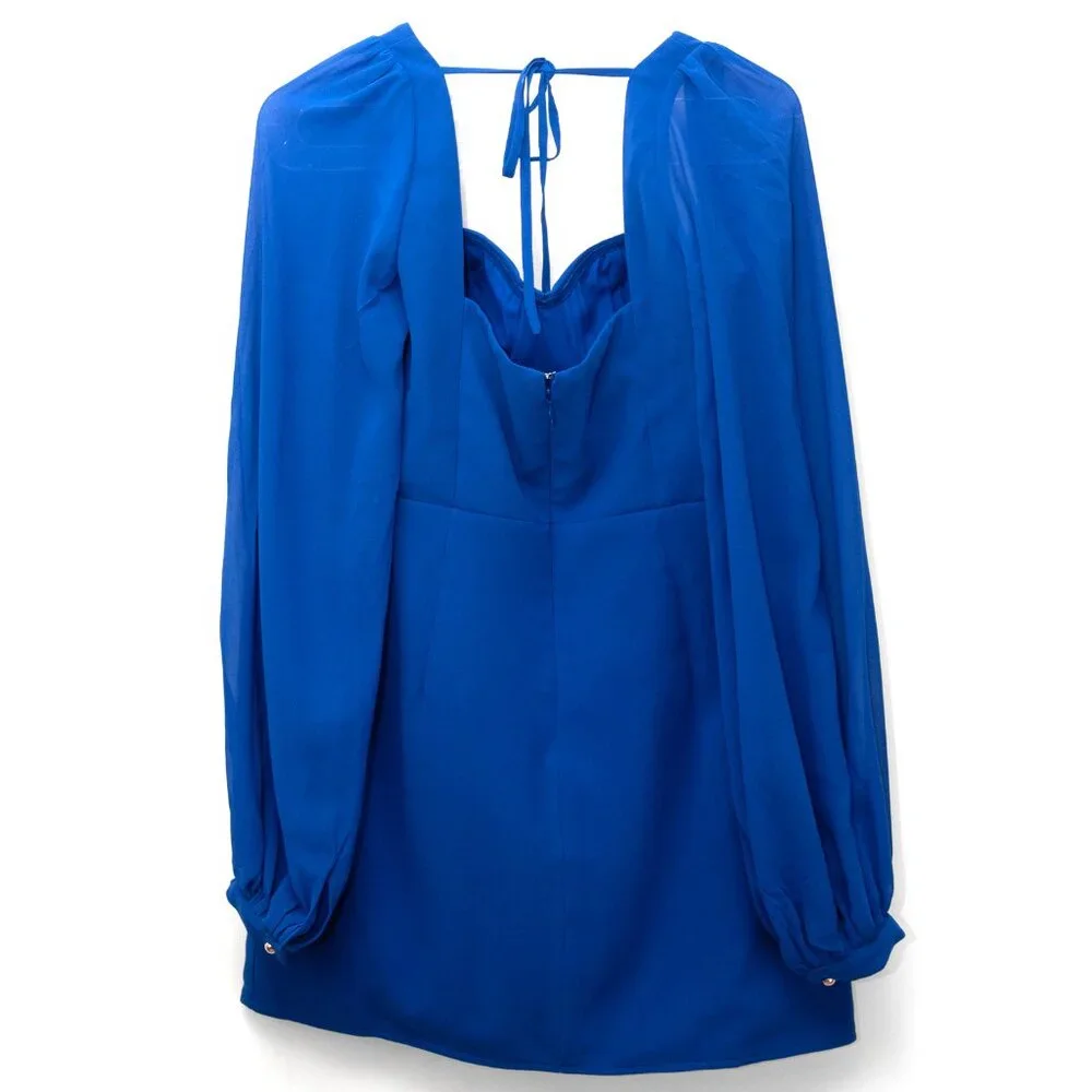 Elle Zeitoune Meagan Dress Evening Mini Cocktail Draped Sleeves Blue Size 12 New - Picture 3 of 9